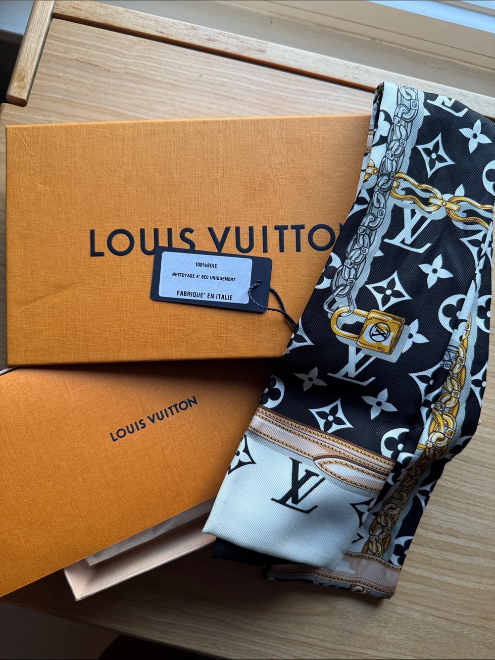 Louis Vuitton Black & White Monogram Chain Silk Scarf with Gold Accents